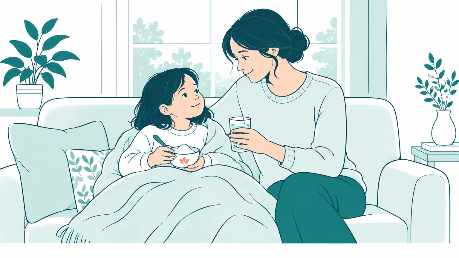 Ilustrație caldă cu o mamă care își îngrijește cu blândețe copilul aflat în perioada de recuperare acasă, după o intervenție ORL.