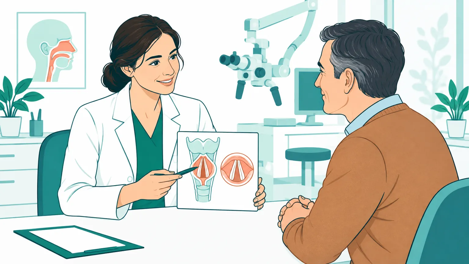 Ilustrație medicală liniștitoare reprezentând un medic ORL care îi explică unui pacient sănătatea corzilor vocale într-un cabinet modern.