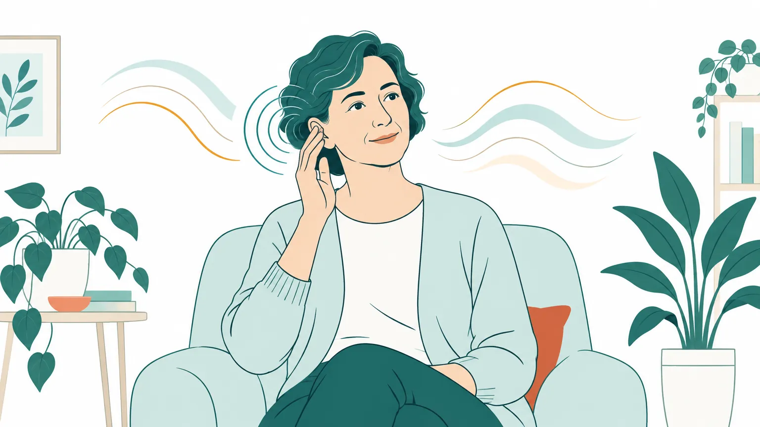 Ilustrație în tonuri calde cu o persoană care își atinge ușor urechea lângă unde sonore subtile, sugerând atenția acordată sănătății auditive.