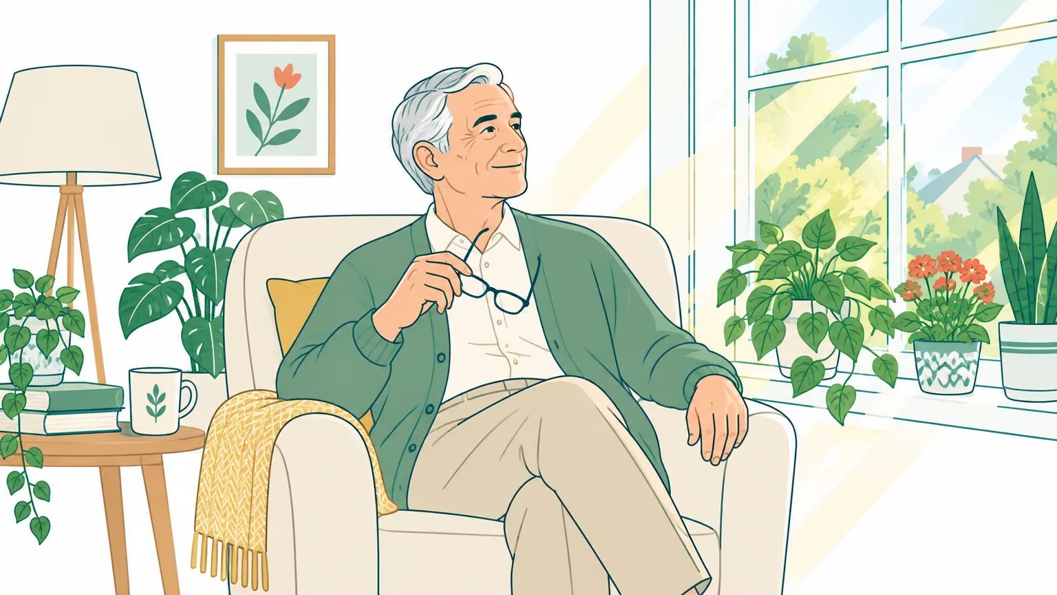 Ilustrație stilizată în culori calde cu un bărbat în vârstă care privește senin pe o fereastră luminoasă, sugerând redobândirea unei vederi clare după tratarea cataractei.