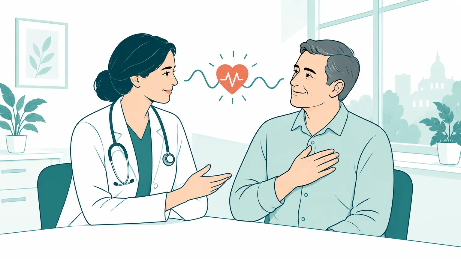 Ilustrație reconfortantă cu un medic și un pacient discutând cu încredere despre soluțiile pentru restabilirea unui ritm cardiac sănătos.