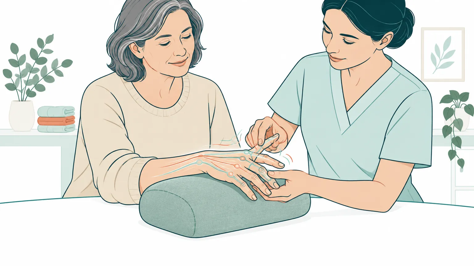 Ilustrație caldă reprezentând o ședință blândă de recuperare a mobilității mâinii asistată de un specialist.