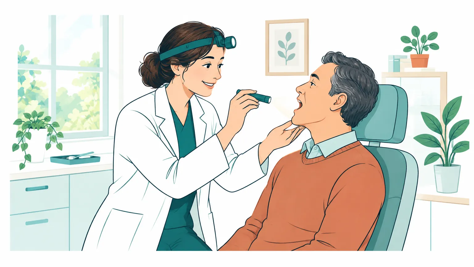 Ilustrație în tonuri calde cu un medic specialist ORL examinând cu blândețe un pacient într-un cabinet medical luminos și primitor.