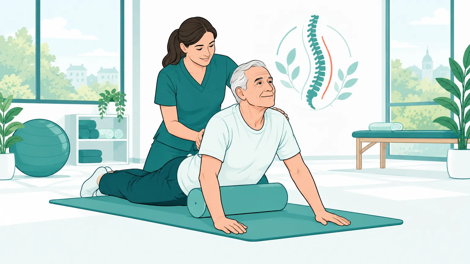 Ilustrație caldă în stil modern cu un bărbat în vârstă care face exerciții blânde de kinetoterapie pentru spate alături de o specialistă, într-o încăpere luminoasă.