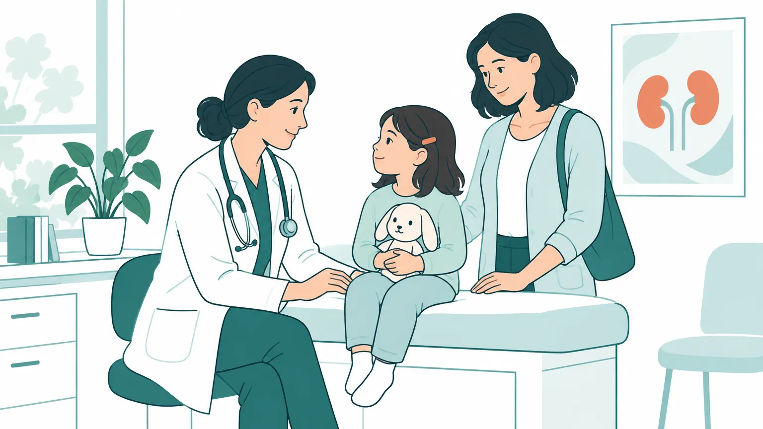 Ilustrație caldă și prietenoasă cu un medic pediatru consultând un copil liniștit alături de mama sa, într-un cabinet medical luminos.