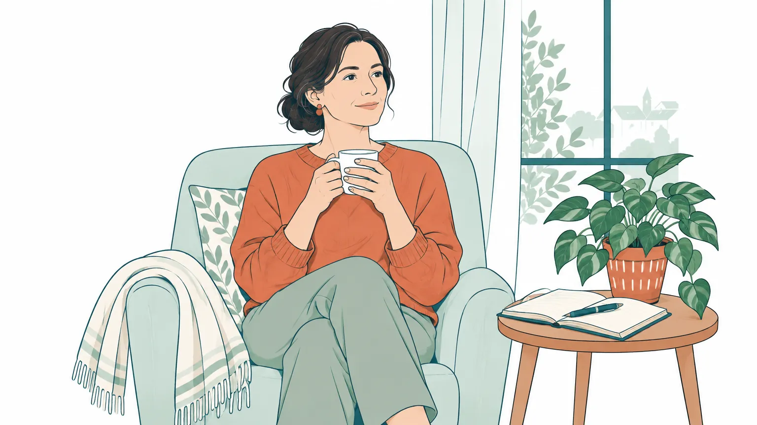 Ilustrație caldă și liniștitoare cu o femeie care ține o cană cu ceai lângă o fereastră luminoasă, sugerând autocompasiunea și sprijinul emoțional în gestionarea colitei ulcerative.
