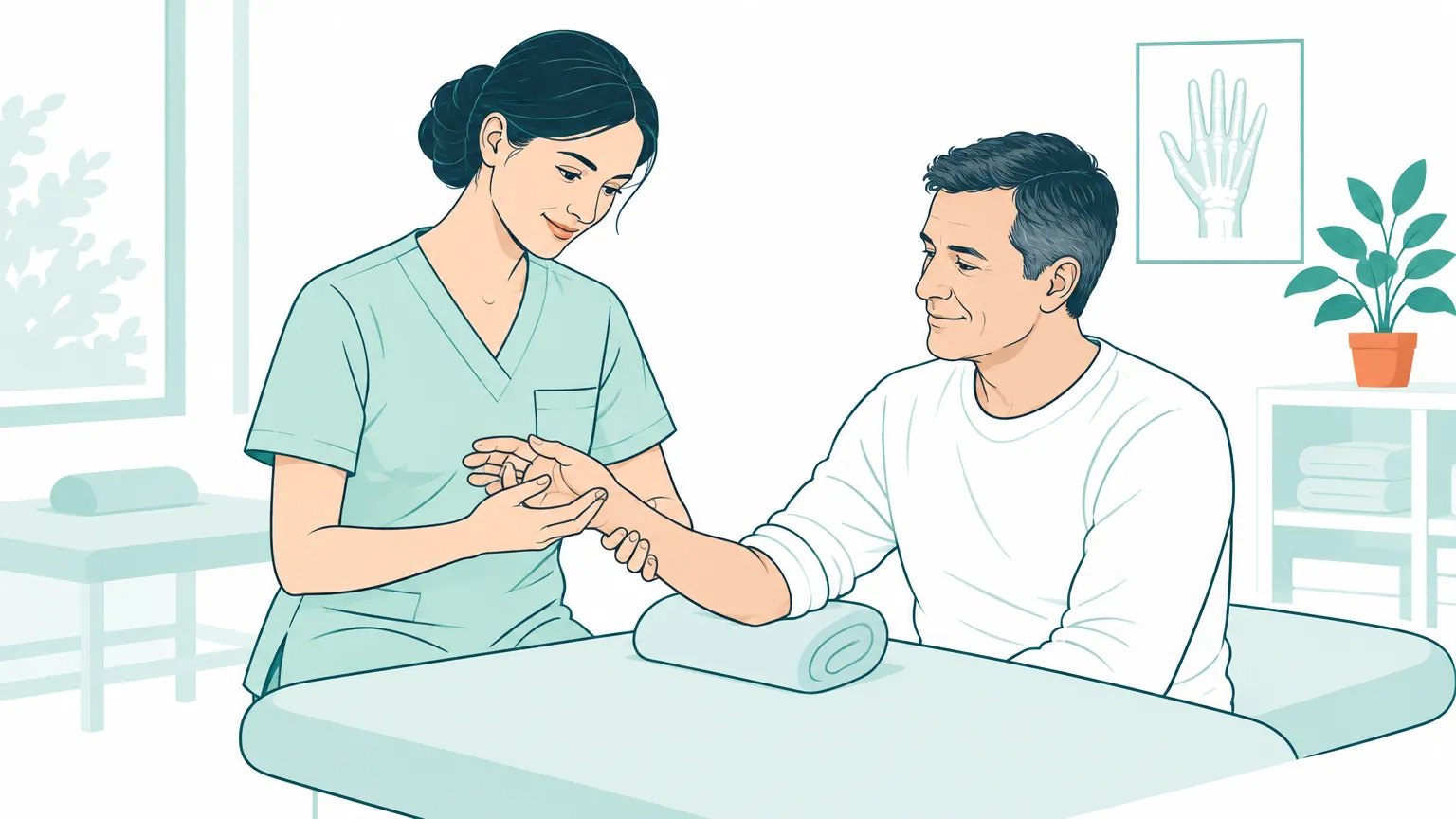 Ilustrație cu un cadru medical care susține și examinează cu blândețe mâna unui pacient în timpul unei consultații de recuperare.
