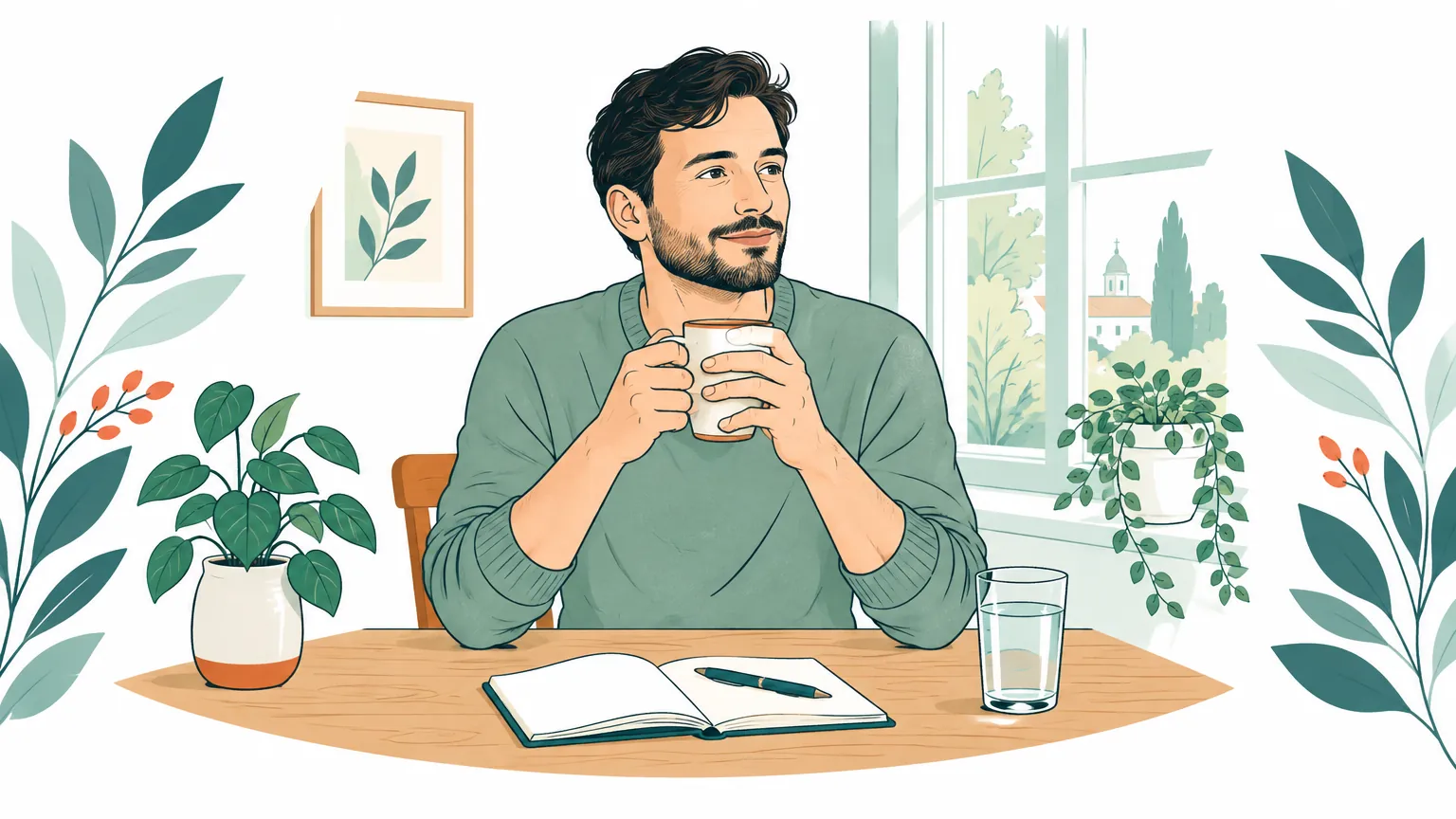 Ilustrație caldă și liniștitoare ce înfățișează un tânăr așezat la masă lângă o fereastră luminoasă, reflectând calm la sănătatea și echilibrul său emoțional.