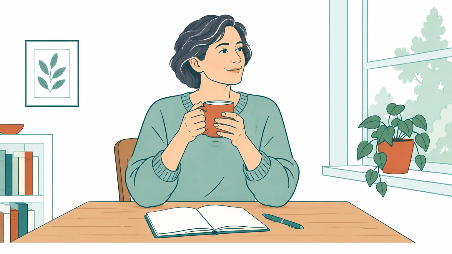 Ilustrație în tonuri calde și liniștitoare cu o persoană așezată la o masă însorită, ținând o cană de ceai lângă un jurnal deschis, sugerând calmul, acceptarea și grija de sine.