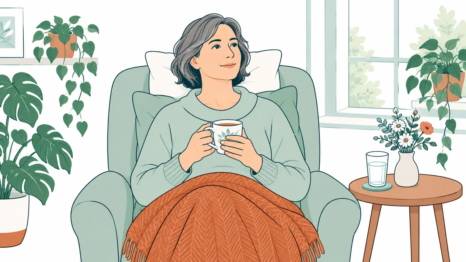 Ilustrație caldă reprezentând o femeie care se odihnește confortabil pe un fotoliu cu perne la domiciliu, simbolizând recuperarea liniștită după o operație de tiroidă.