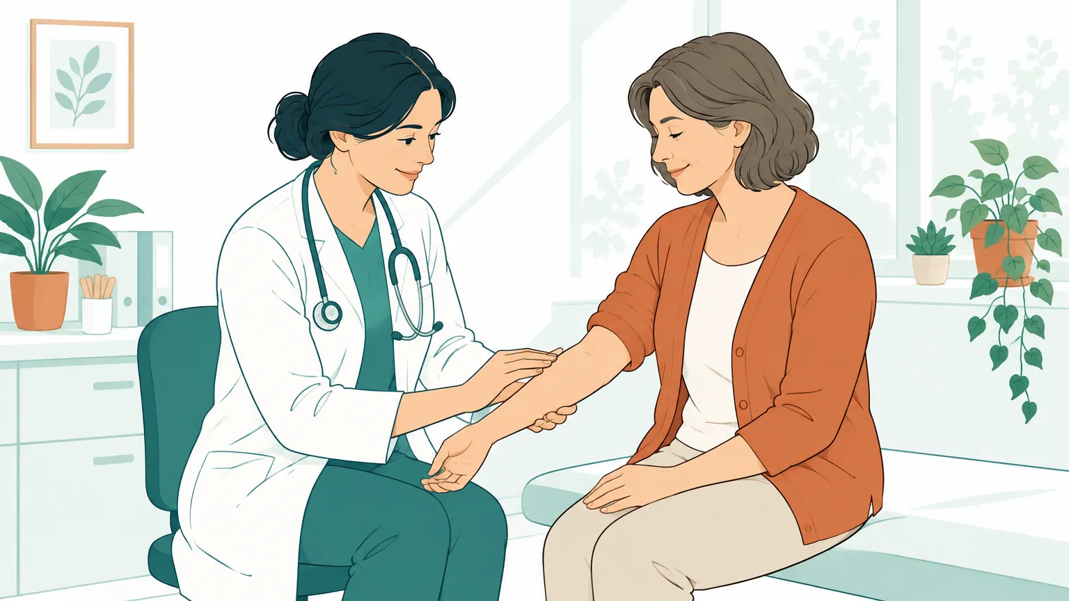 Ilustrație caldă cu un medic care examinează cu grijă brațul unui pacient într-un cabinet luminos, subliniind importanța consultului medical preventiv.