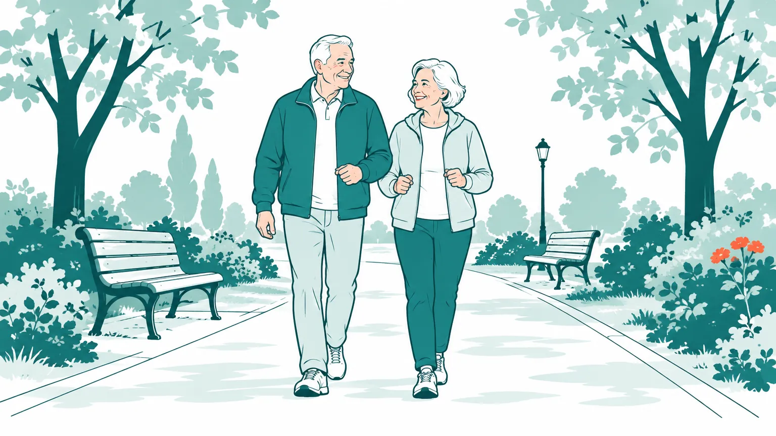 Ilustrație caldă reprezentând un cuplu de vârstnici care se plimbă într-un parc însorit, promovând un stil de viață activ pentru prevenirea complicațiilor diabetului.