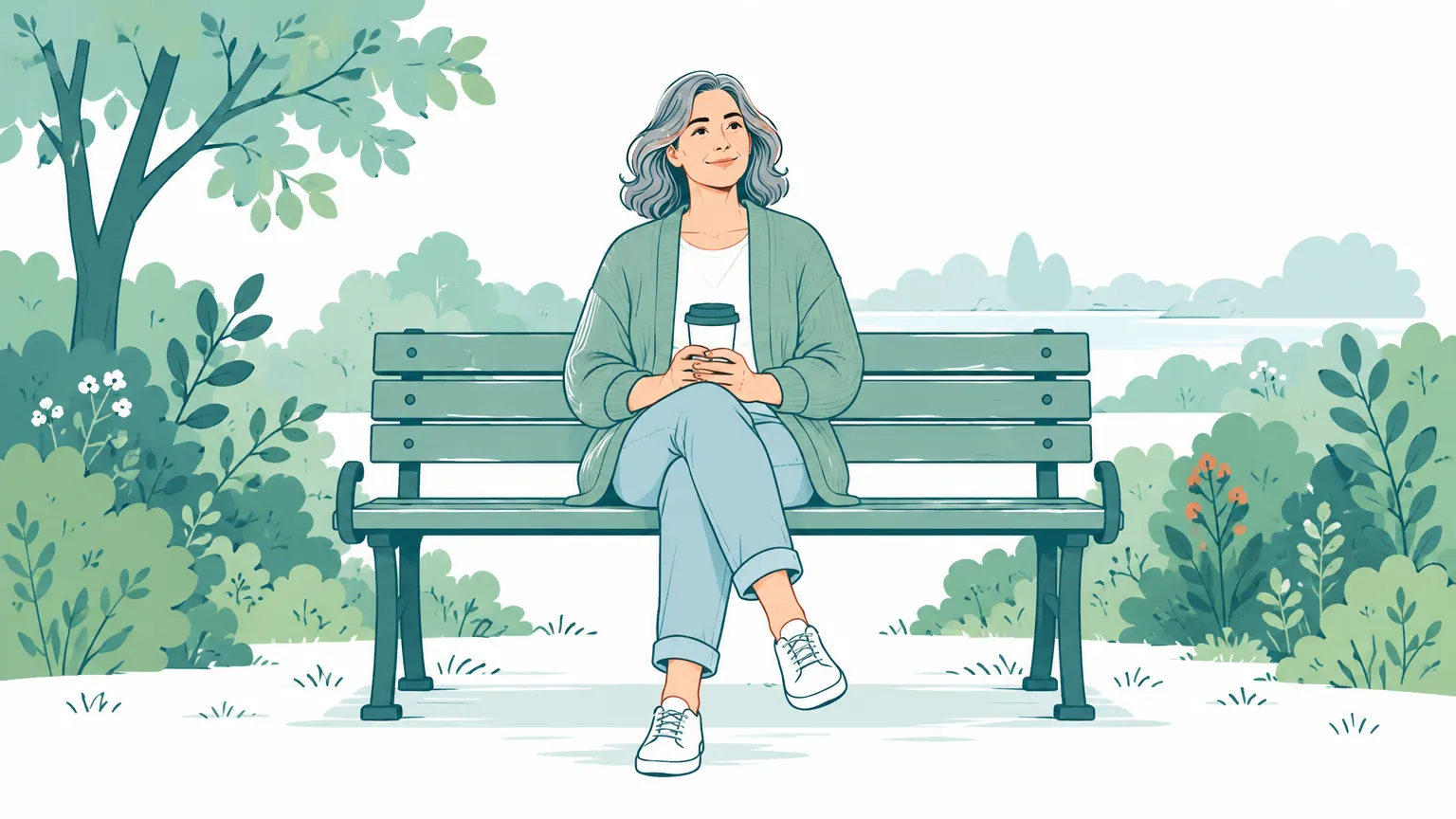 Ilustrație liniștitoare cu o femeie care se odihnește pe o bancă într-un parc însorit, sugerând pauzele regulate și grija pentru sănătatea articulațiilor.