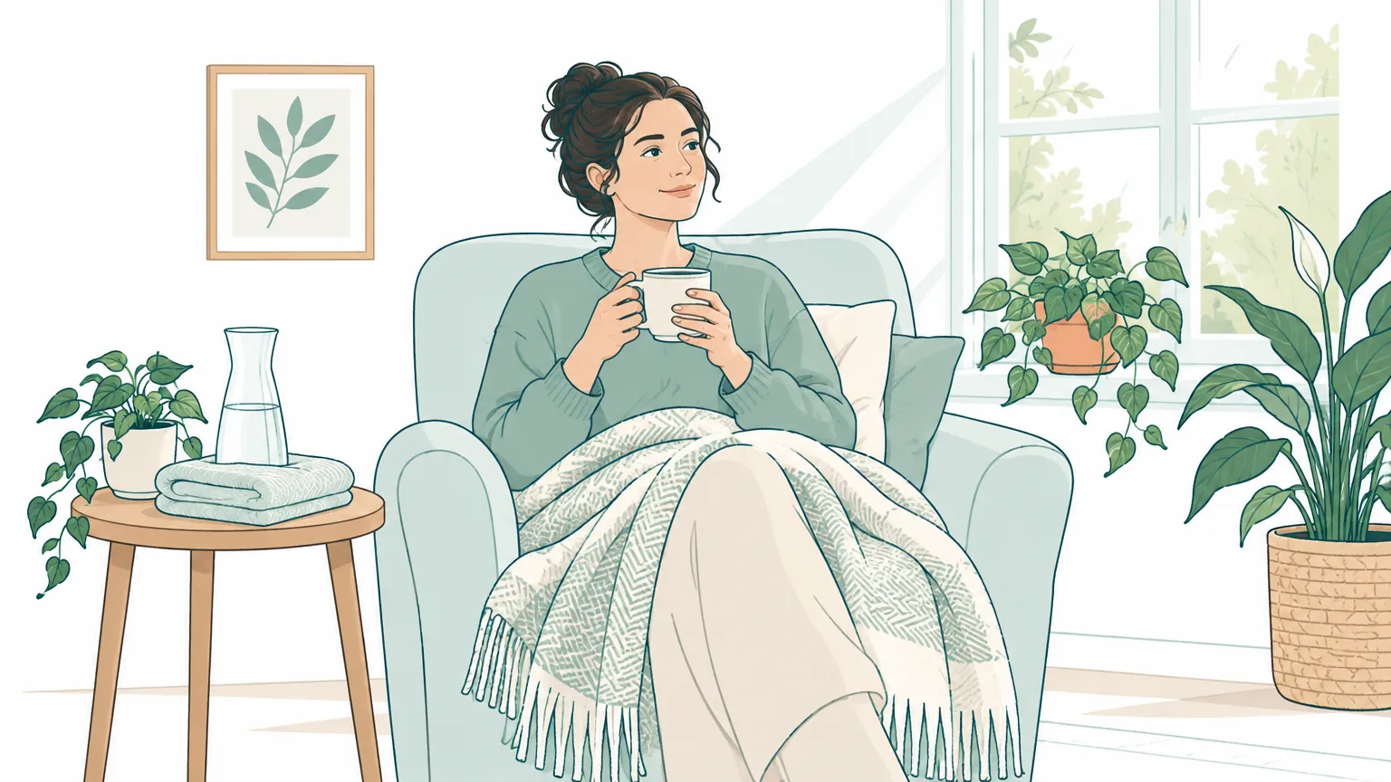 Ilustrație caldă și liniștitoare în nuanțe pastelate, reprezentând o persoană care se odihnește confortabil într-un fotoliu acasă, sugerând recuperarea blândă și răbdarea după o intervenție medicală.