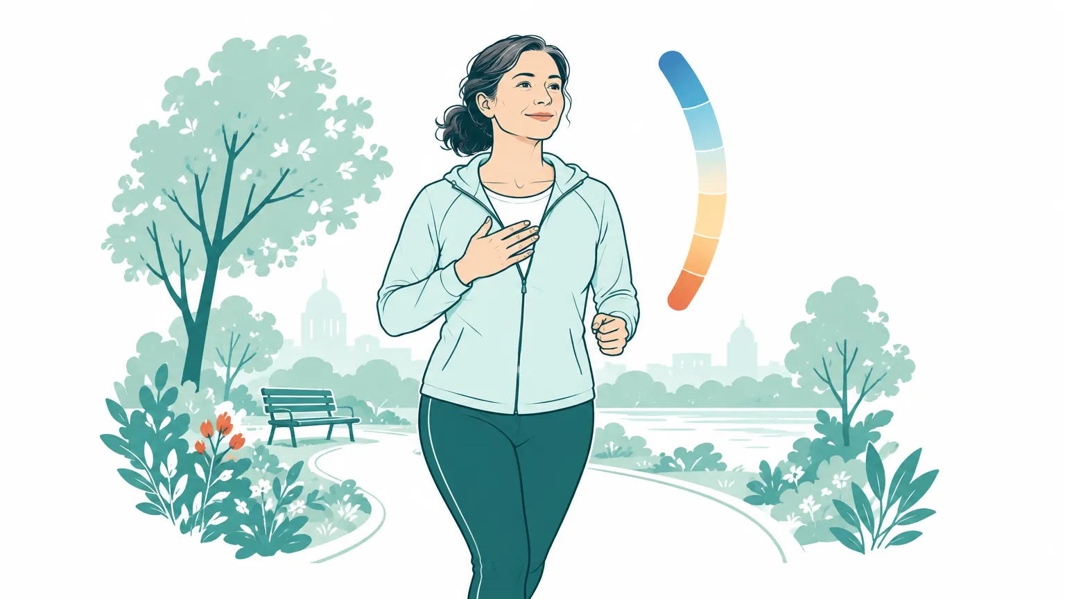 Ilustrație caldă cu o femeie care aleargă într-un parc și își ascultă ritmul respirației pentru a-și doza efortul fizic.