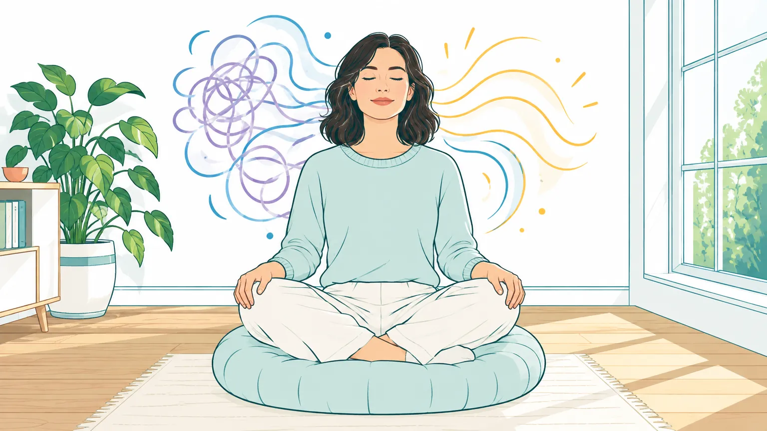 Ilustrație caldă cu o femeie așezată relaxat pe o pernă de meditație lângă o fereastră luminoasă, respirând adânc pentru a-și liniști gândurile agitate.