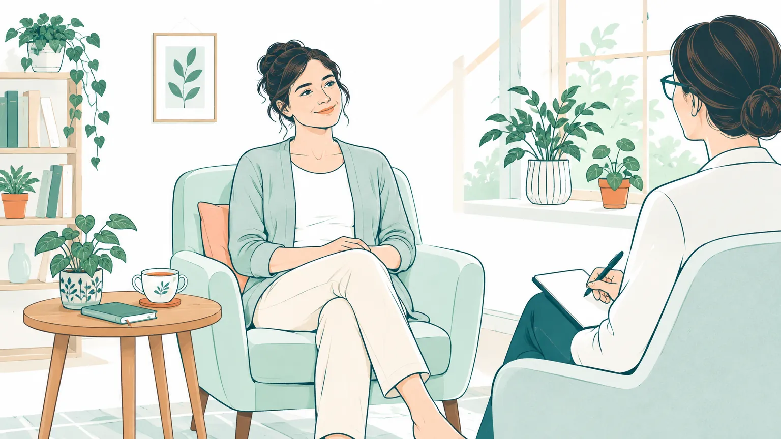 Ilustrație caldă în tonuri pastelate reprezentând o discuție calmă și respectuoasă într-un cabinet luminos de psihoterapie, sugerând o încheiere senină a ședințelor.