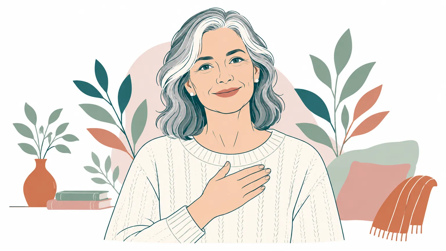 Ilustrație minimalistă în culori calde cu o femeie matură senină, simbolizând sănătatea feminină și acceptarea schimbărilor naturale ale corpului odată cu înaintarea în vârstă.