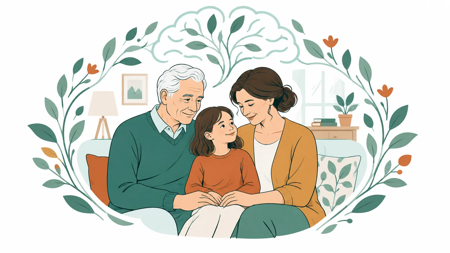 Ilustrație caldă reprezentând trei generații ale unei familii – bunic, mamă și copil – înconjurate de simboluri blânde ale sănătății creierului, evidențiind protecția și prevenția AVC la orice vârstă.