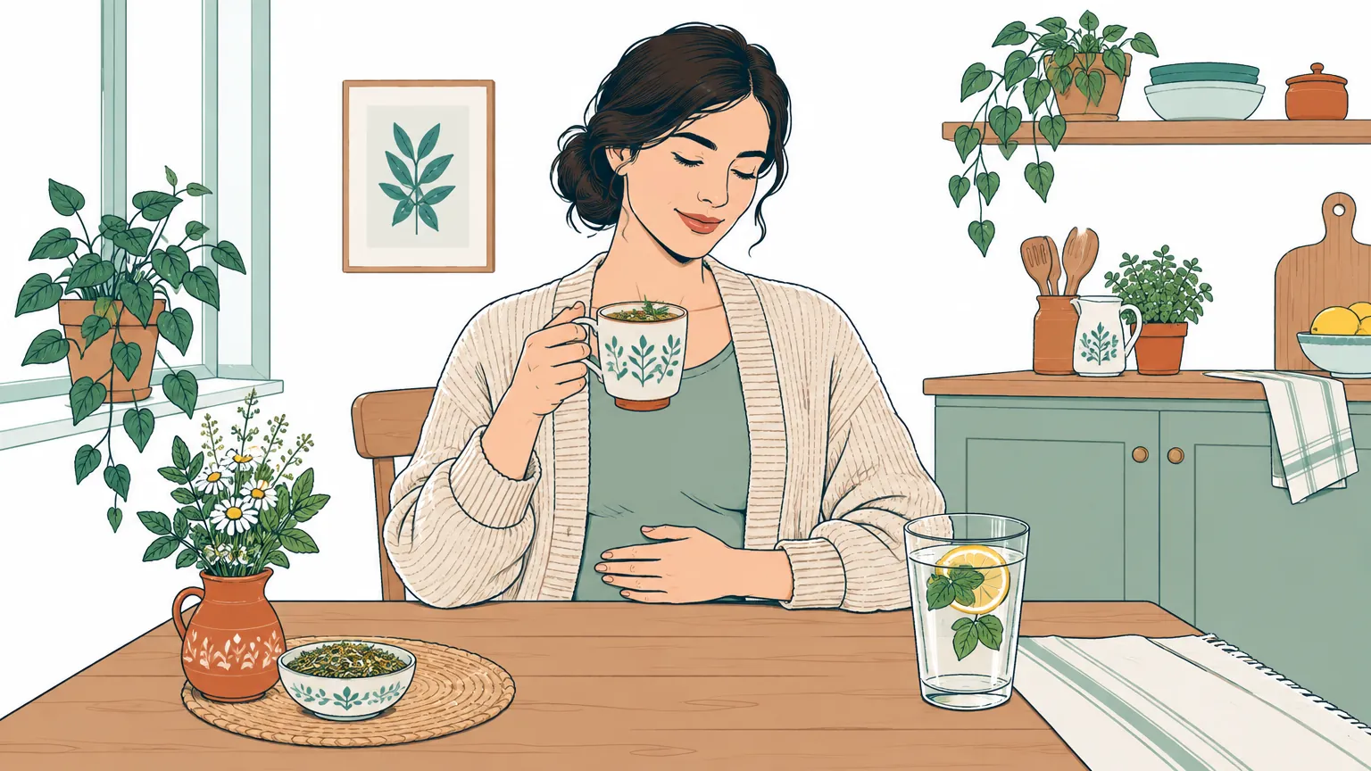Ilustrație caldă reprezentând o femeie care bea un ceai cald de plante la masa din bucătărie, sprijinindu-și ușor mâna pe abdomen pentru calmarea digestiei.