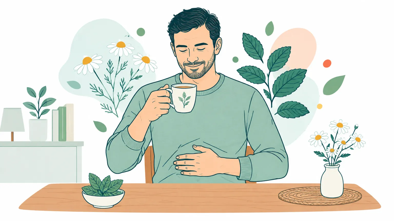 Ilustrație caldă cu un bărbat așezat liniștit la masă cu o cană de ceai, ținând o mână pe abdomen într-un gest de alinare a disconfortului digestiv.