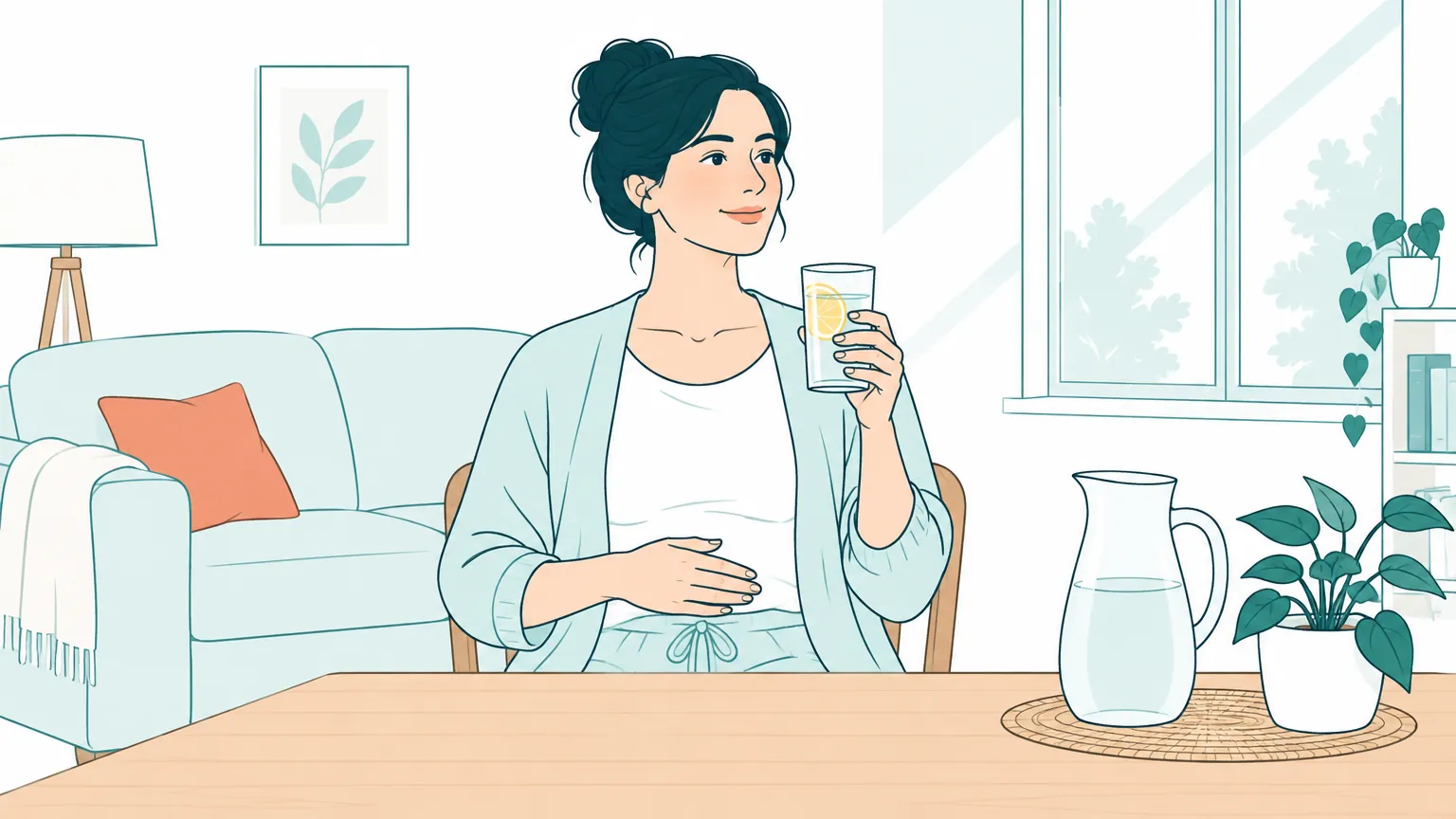 Ilustrație minimalistă în tonuri calde și calme, prezentând o femeie care bea un pahar cu apă pentru hidratare și calmarea disconfortului abdominal.