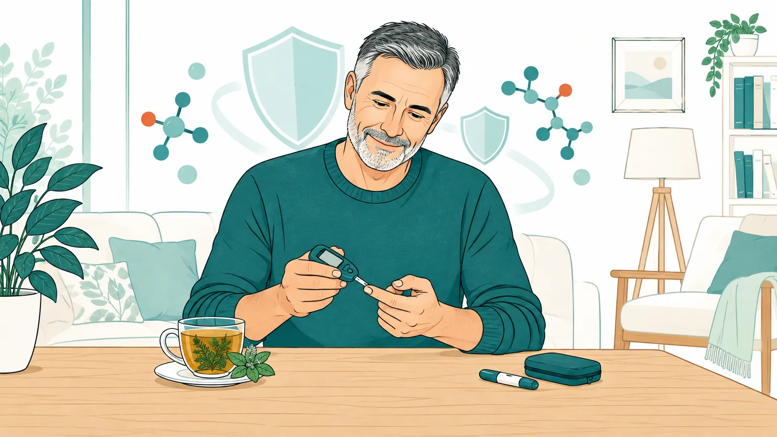 Ilustrație caldă a unui bărbat matur care își verifică liniștit glicemia la masă, sugerând protecția sănătății și menținerea echilibrului organismului.