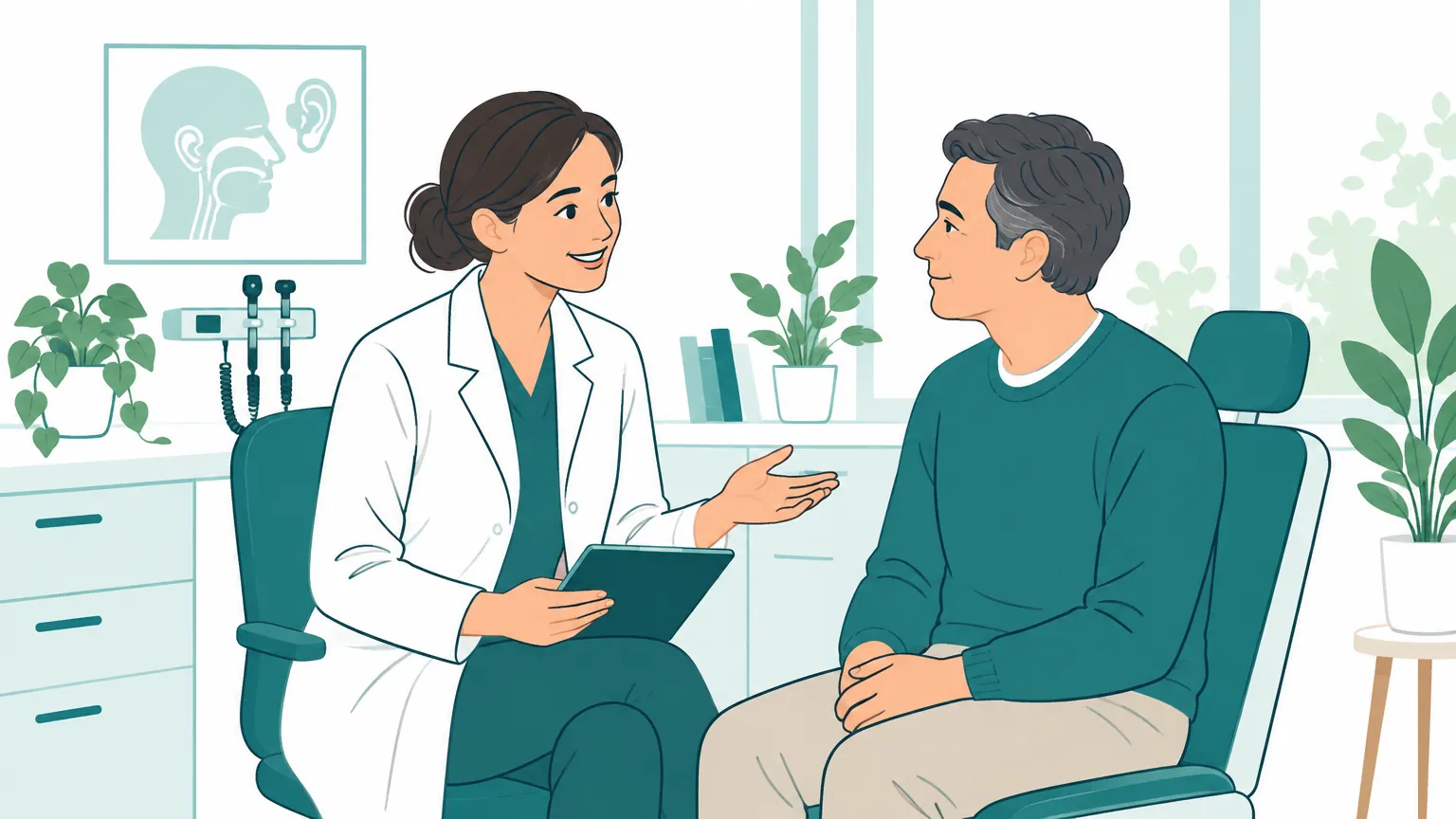 Ilustrație în tonuri calde reprezentând un consult medical ORL liniștitor între un medic și un pacient într-un cabinet modern.