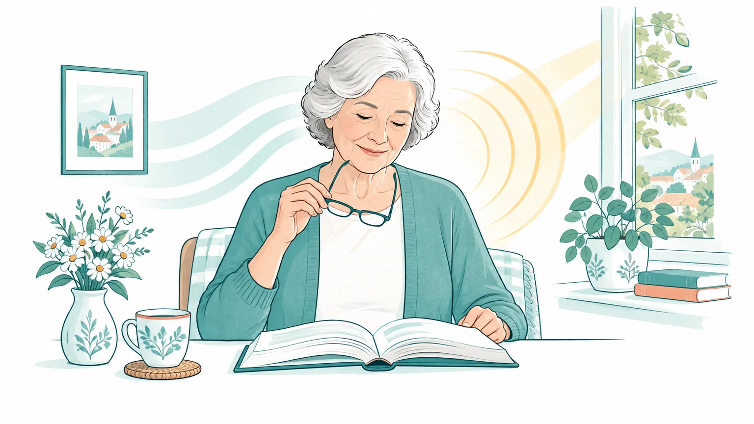 Ilustrație caldă cu o femeie în vârstă ținând ochelarii de citit lângă o fereastră luminoasă, simbolizând claritatea vizuală și grija pentru sănătatea ochilor.
