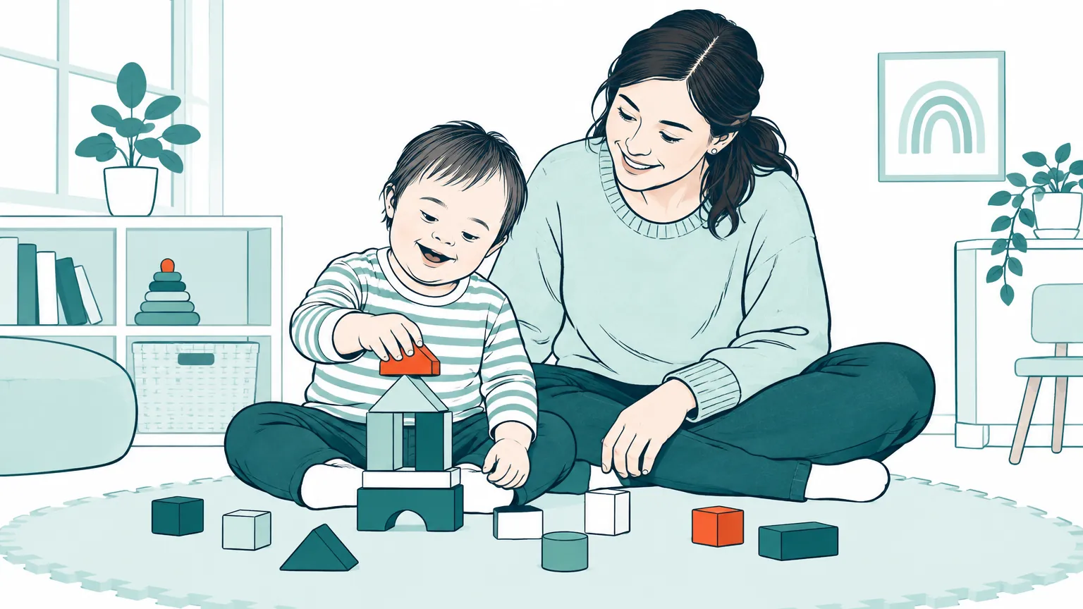 O femeie sprijină cu blândețe un copil în timpul unei activități liniștite de joacă educativă, într-o cameră luminoasă și primitoare.