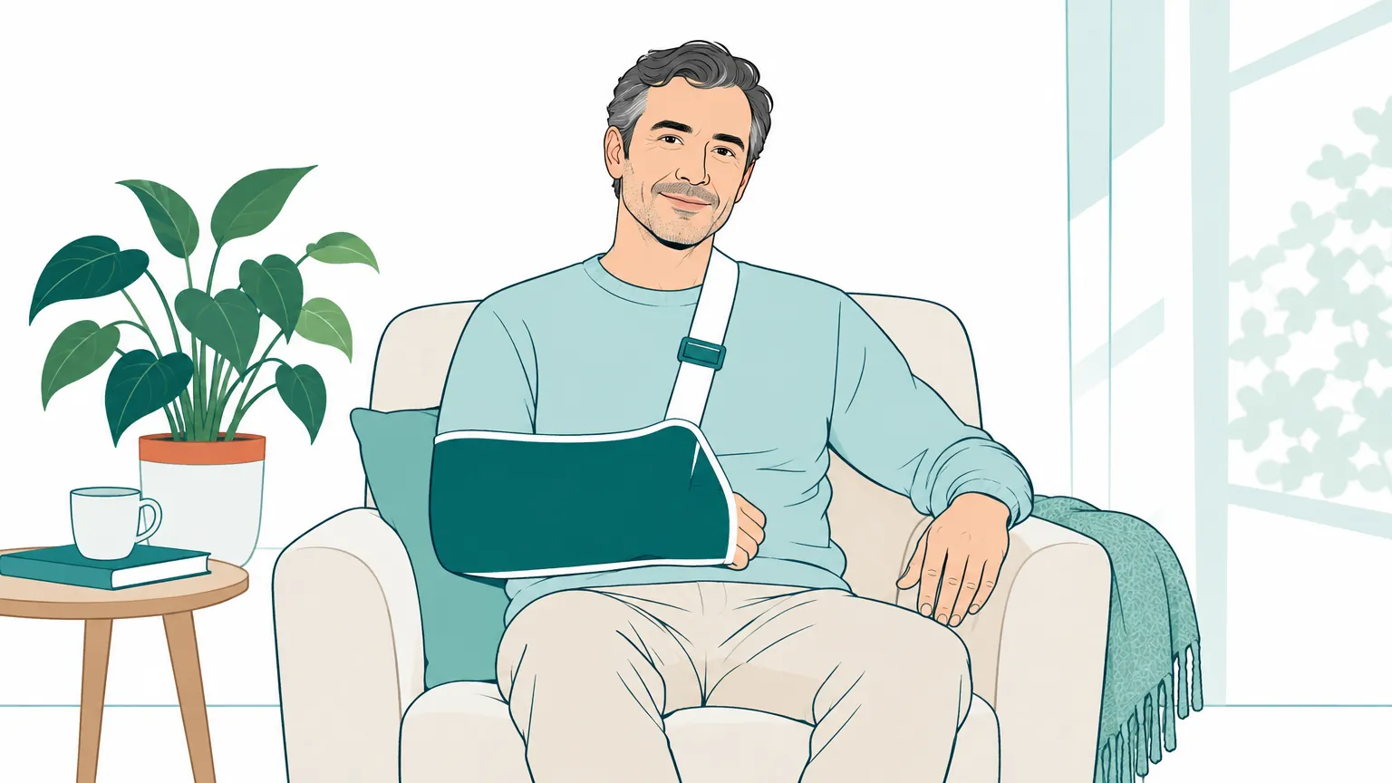 Ilustrație reprezentând un bărbat relaxat care își sprijină brațul într-o eșarfă medicală, simbolizând recuperarea și vindecarea articulației umărului.