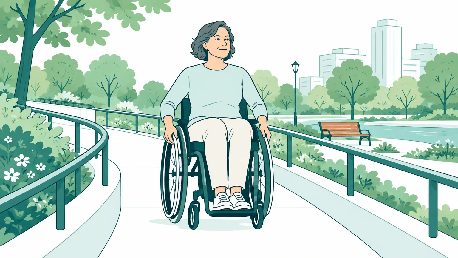 Ilustrație caldă în stil minimalist înfățișând o persoană adultă într-un scaun rulant deplasându-se pe o alee accesibilă dintr-un parc liniștit.
