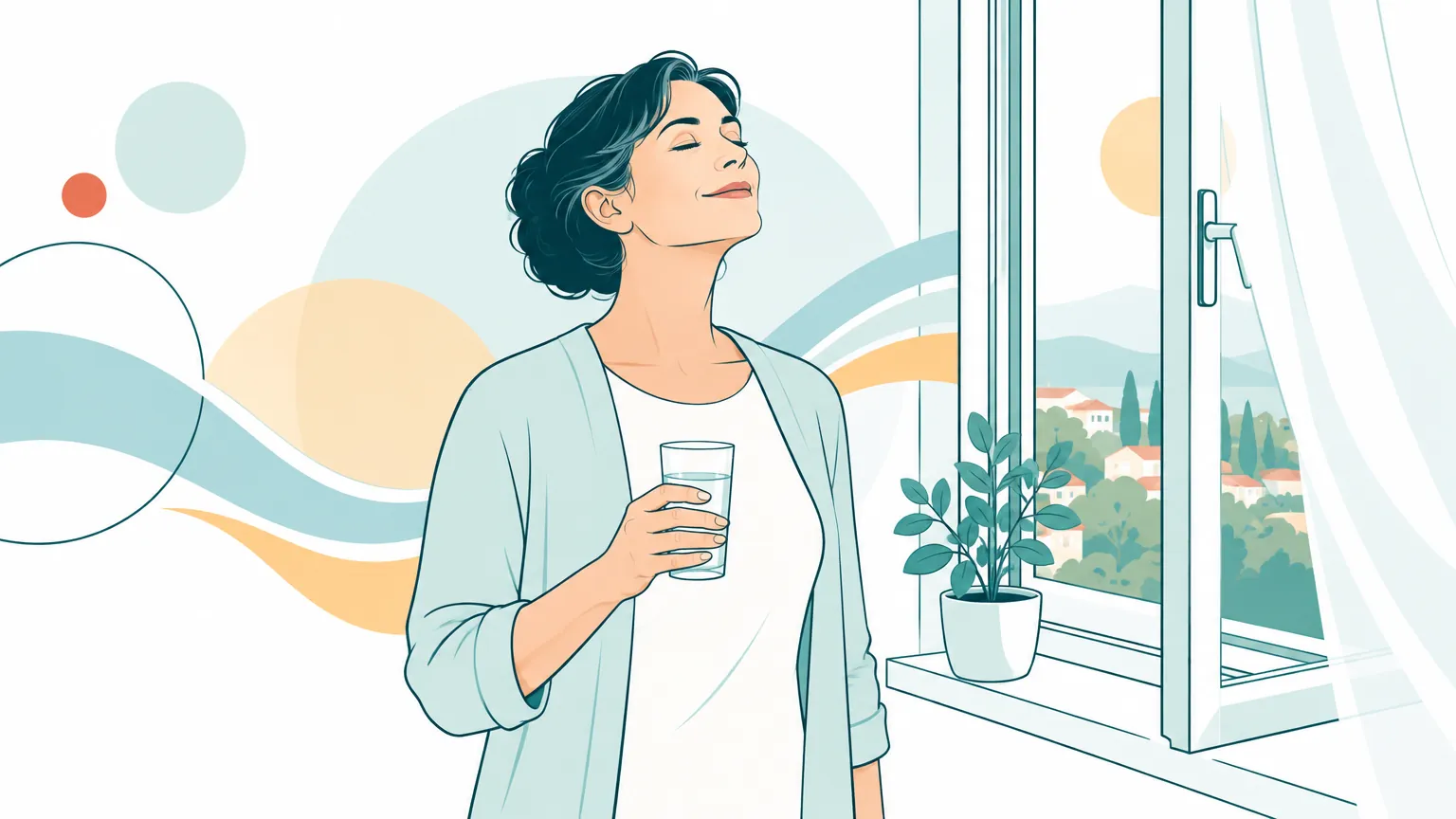 Ilustrație caldă cu o femeie care respiră relaxată lângă o fereastră luminoasă, sugerând armonia și echilibrul sănătos al organismului.