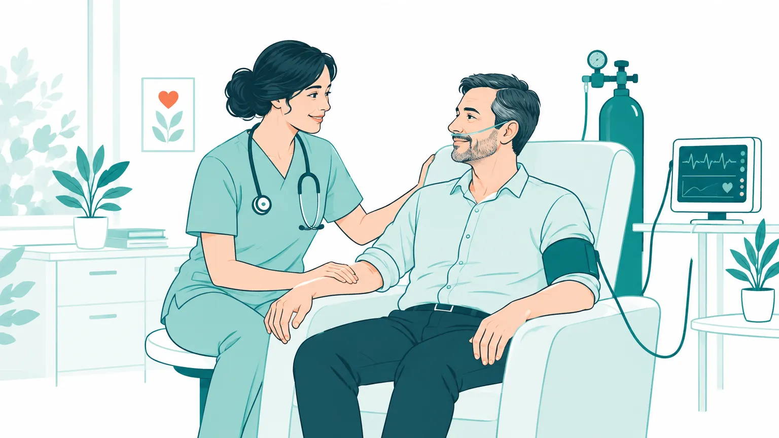 Ilustrație caldă și liniștitoare cu o doctoriță care oferă asistență și îngrijire medicală promptă unui pacient adult într-un cabinet modern.