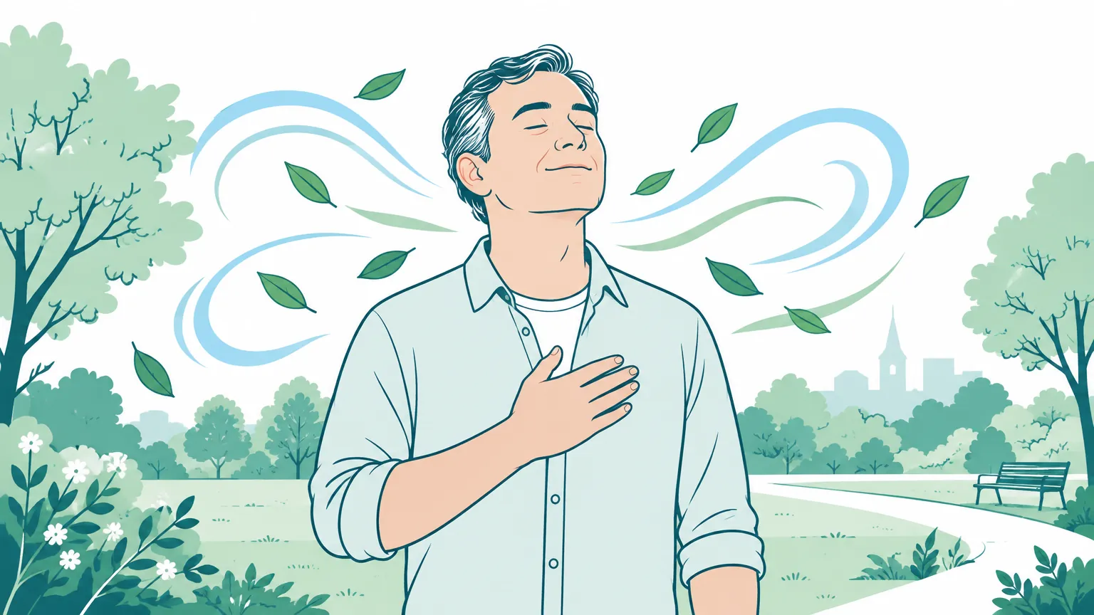 Ilustrație cu un bărbat de vârstă mijlocie care respiră adânc și liniștit aer curat într-un parc înverzit, sugerând sănătatea plămânilor.