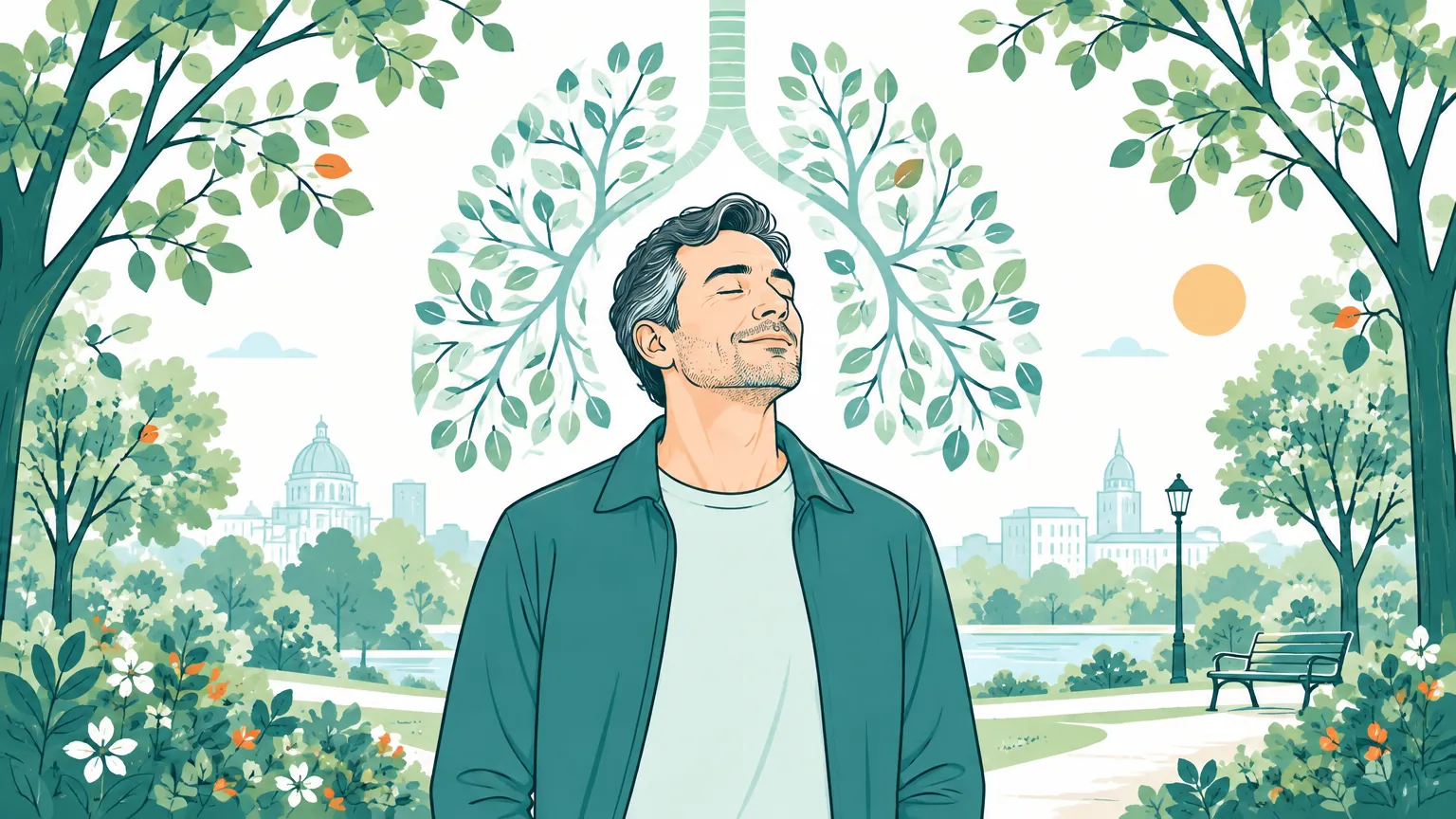 Ilustrație blândă cu un bărbat care respiră liniștit aer curat în natură, sugerând sănătatea plămânilor și îngrijirea respiratorie.