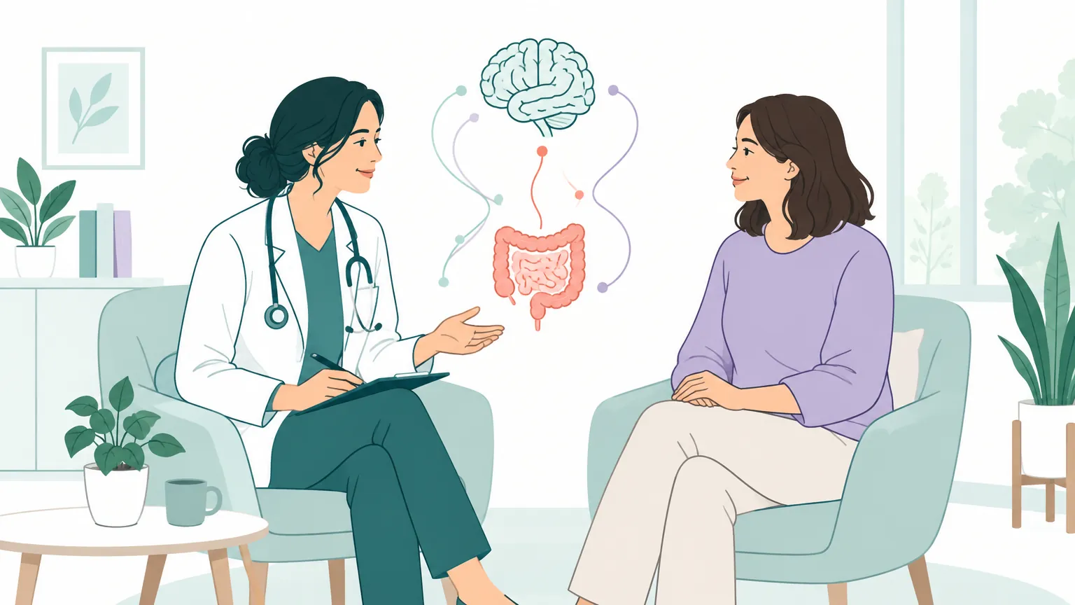 Ilustrație în tonuri calde și pastelate ce prezintă o consultație medicală empatică, sugerând legătura neurologică dintre creier și abdomen.