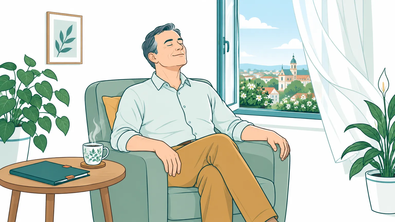 Ilustrație caldă în culori liniștitoare ce înfățișează un bărbat matur așezat confortabil lângă o fereastră deschisă, respirând liniștit lângă un dosar medical.