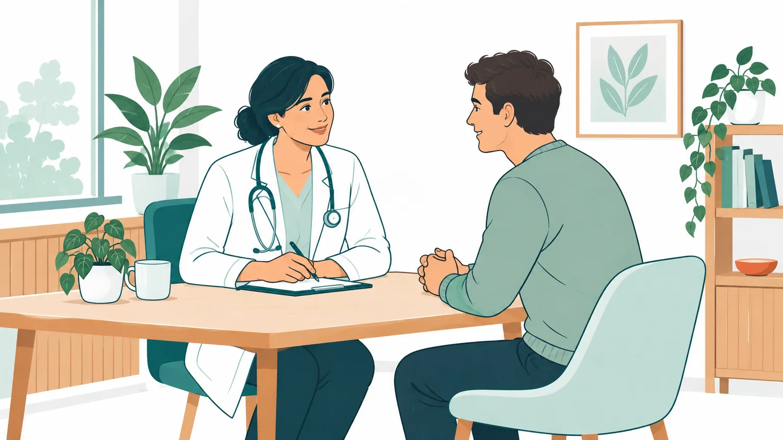 Ilustrație în culori calde și liniștitoare reprezentând o discuție deschisă și empatică între un medic și un pacient într-un cabinet medical modern.