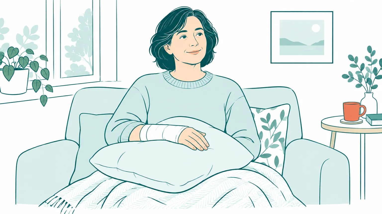 Ilustrație în tonuri calde reprezentând o persoană care își ține mâna bandajată sprijinită pe o pernă pentru recuperare după operație.