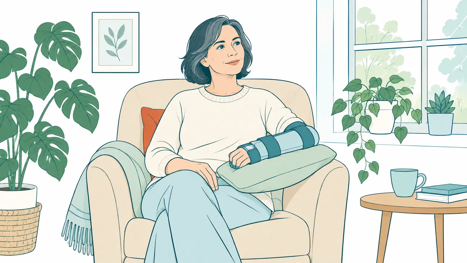 Ilustrație calmă reprezentând o persoană adultă care se recuperează acasă într-un fotoliu confortabil, protejându-și brațul sprijinit pe o pernă în timpul procesului de vindecare.