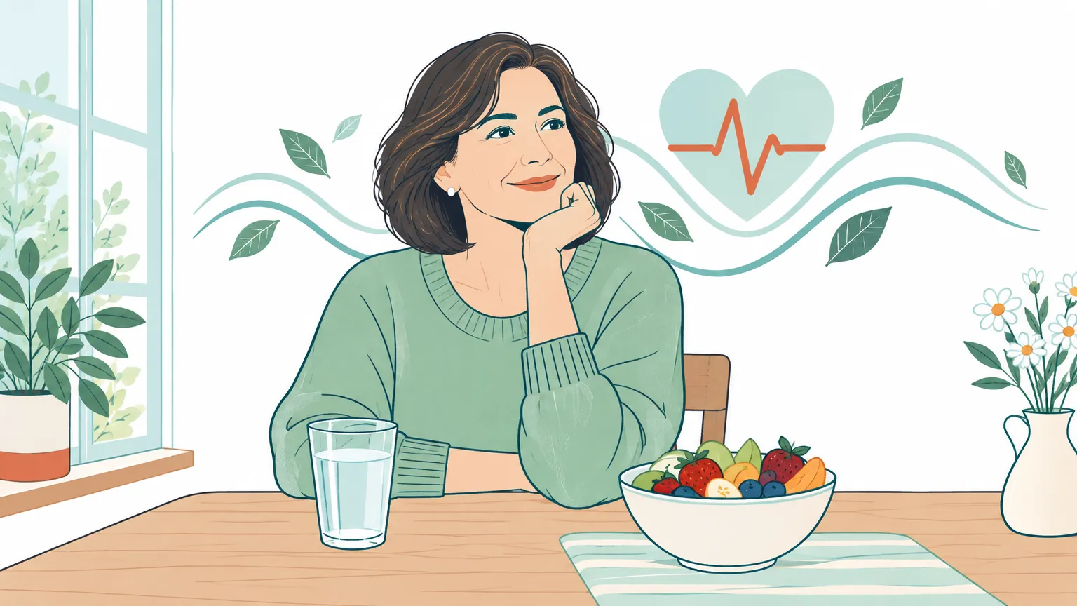 Ilustrație caldă și liniștitoare cu o femeie relaxată la masă alături de alimente sănătoase și un simbol grafic al unei inimi cu ritm stabil, sugerând o slăbire treptată și sigură.