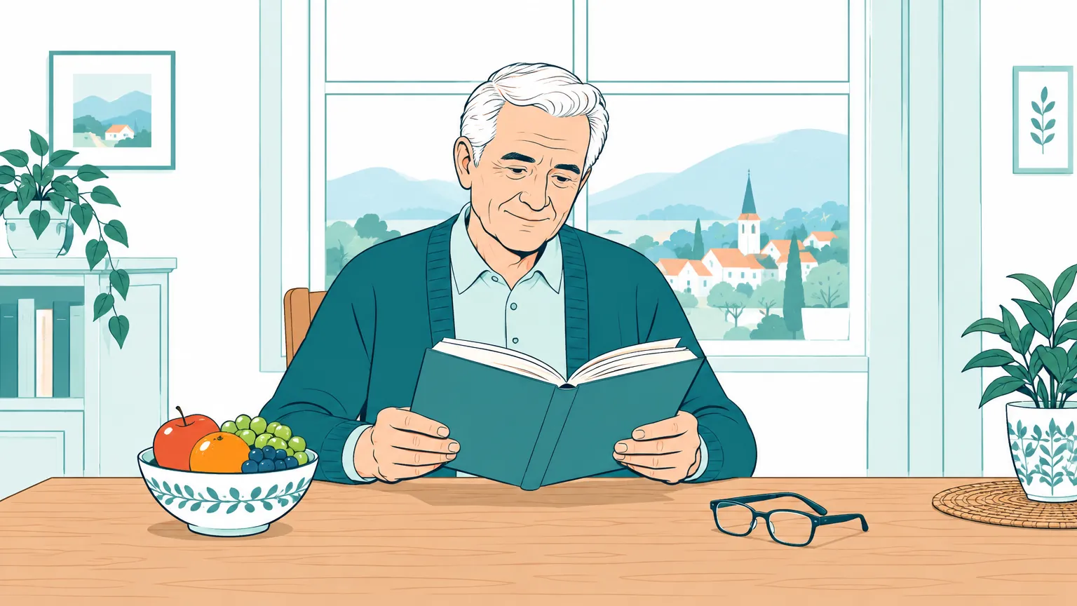 Ilustrație caldă cu un bărbat în vârstă care citește liniștit lângă o fereastră luminoasă, simbolizând o vedere clară și un stil de viață sănătos.