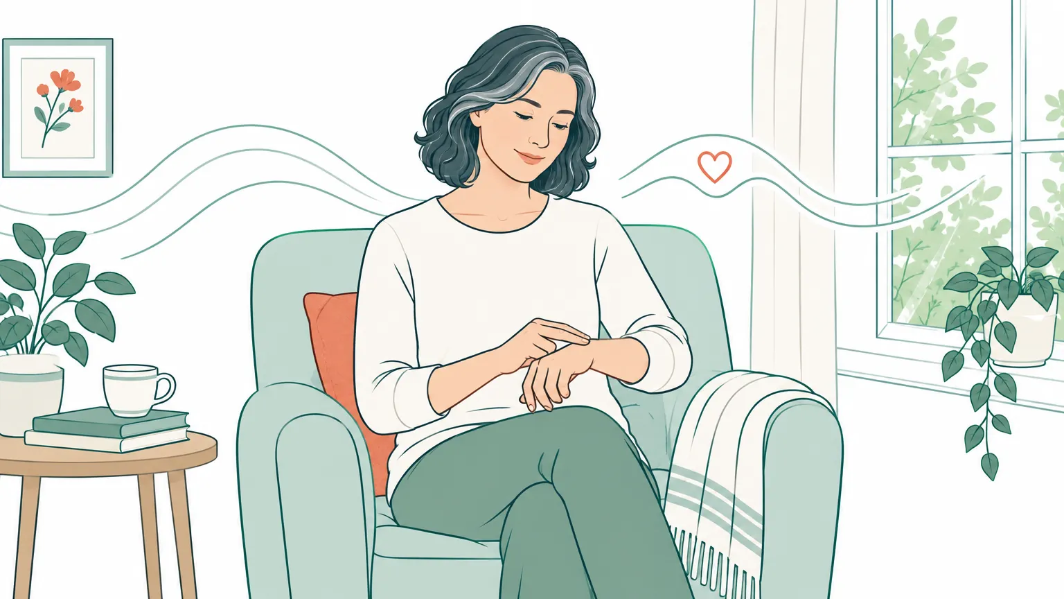 Ilustrație caldă cu o femeie așezată relaxată într-un fotoliu, verificându-și atent și liniștită pulsul la încheietura mâinii.