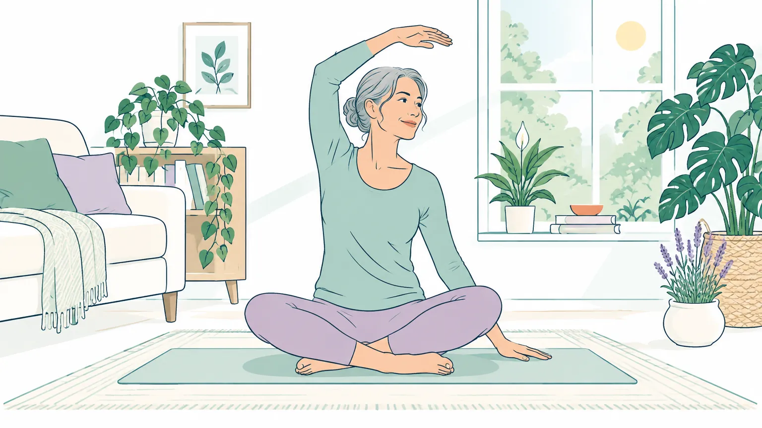 Ilustrație caldă cu o femeie la maturitate făcând exerciții ușoare într-o cameră luminoasă, sugerând echilibrul dintre sănătatea oaselor și starea de spirit.