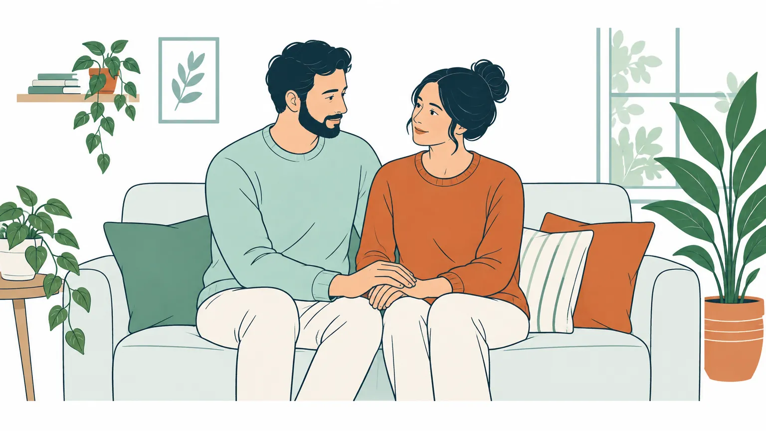 Ilustrație caldă în stil editorial reprezentând doi oameni așezați pe o canapea, oferindu-și sprijin emoțional și siguranță prin gestul de a se ține de mână.
