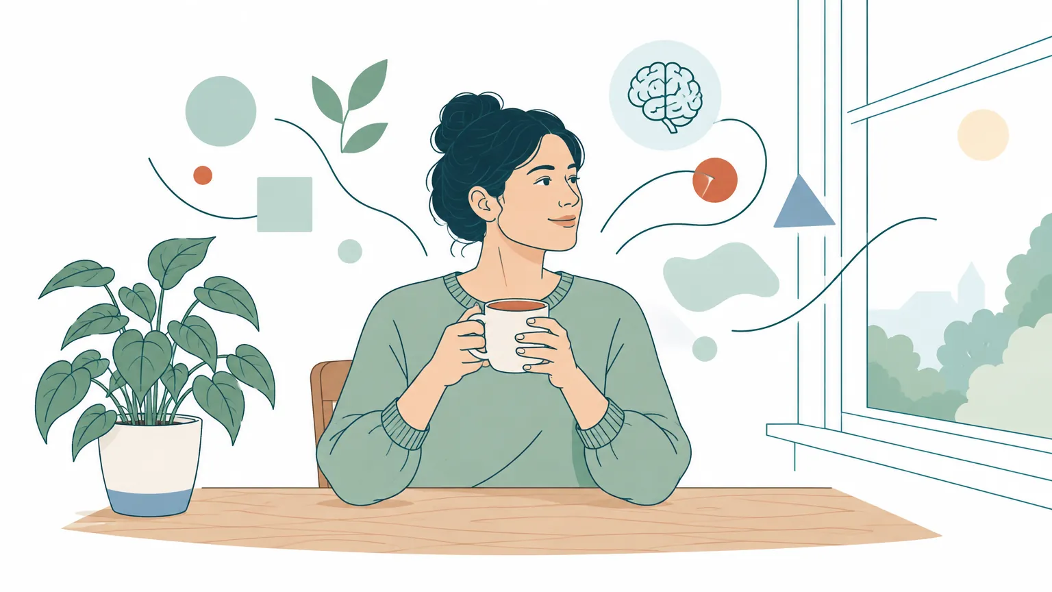 Ilustrație caldă cu o persoană relaxată la o masă de lemn, înconjurată de forme pastelate armonioase care simbolizează gândirea abstractă și echilibrul mental.
