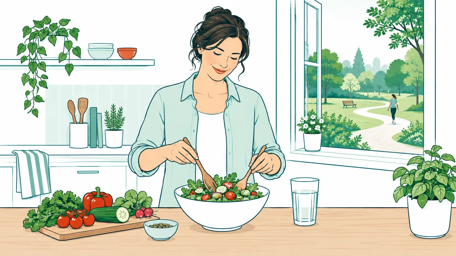 Ilustrație primitoare cu o femeie care pregătește o masă echilibrată și sănătoasă într-o bucătărie luminoasă, simbolizând obiceiurile armonioase și schimbările treptate.
