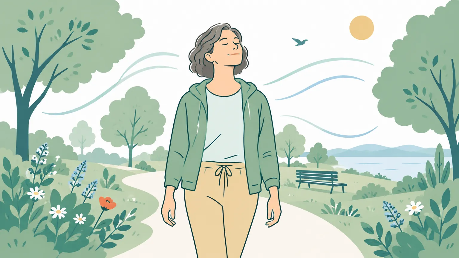Ilustrație caldă și liniștitoare cu o persoană obișnuită care se plimbă într-un parc însorit și respiră adânc pentru a-și reduce stresul cotidian.