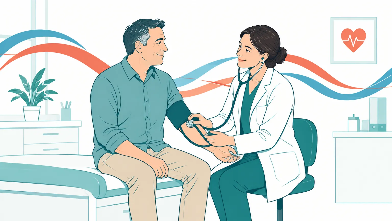 Ilustrație în nuanțe liniștitoare reprezentând un medic care discută cu un pacient într-un cabinet luminos, simbolizând prevenția și sănătatea vasculară.